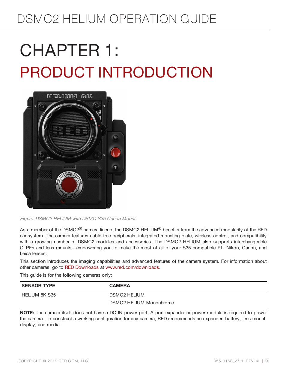 Chapter 1: product introduction, Chapter 1, Product introduction | Dsmc2 helium operation guide | RED DIGITAL CINEMA DSMC2 BRAIN with HELIUM 8K S35 Sensor (2018 Unified DSMC2 Lineup) User Manual | Page 9 / 266