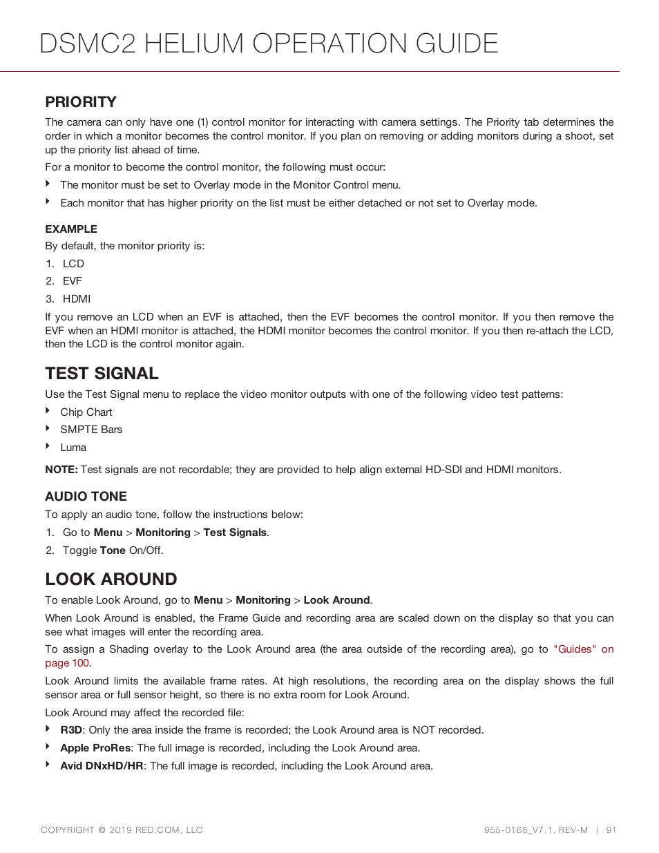 Dsmc2 helium operation guide, Test signal, Look around | Priority | RED DIGITAL CINEMA DSMC2 BRAIN with HELIUM 8K S35 Sensor (2018 Unified DSMC2 Lineup) User Manual | Page 91 / 266
