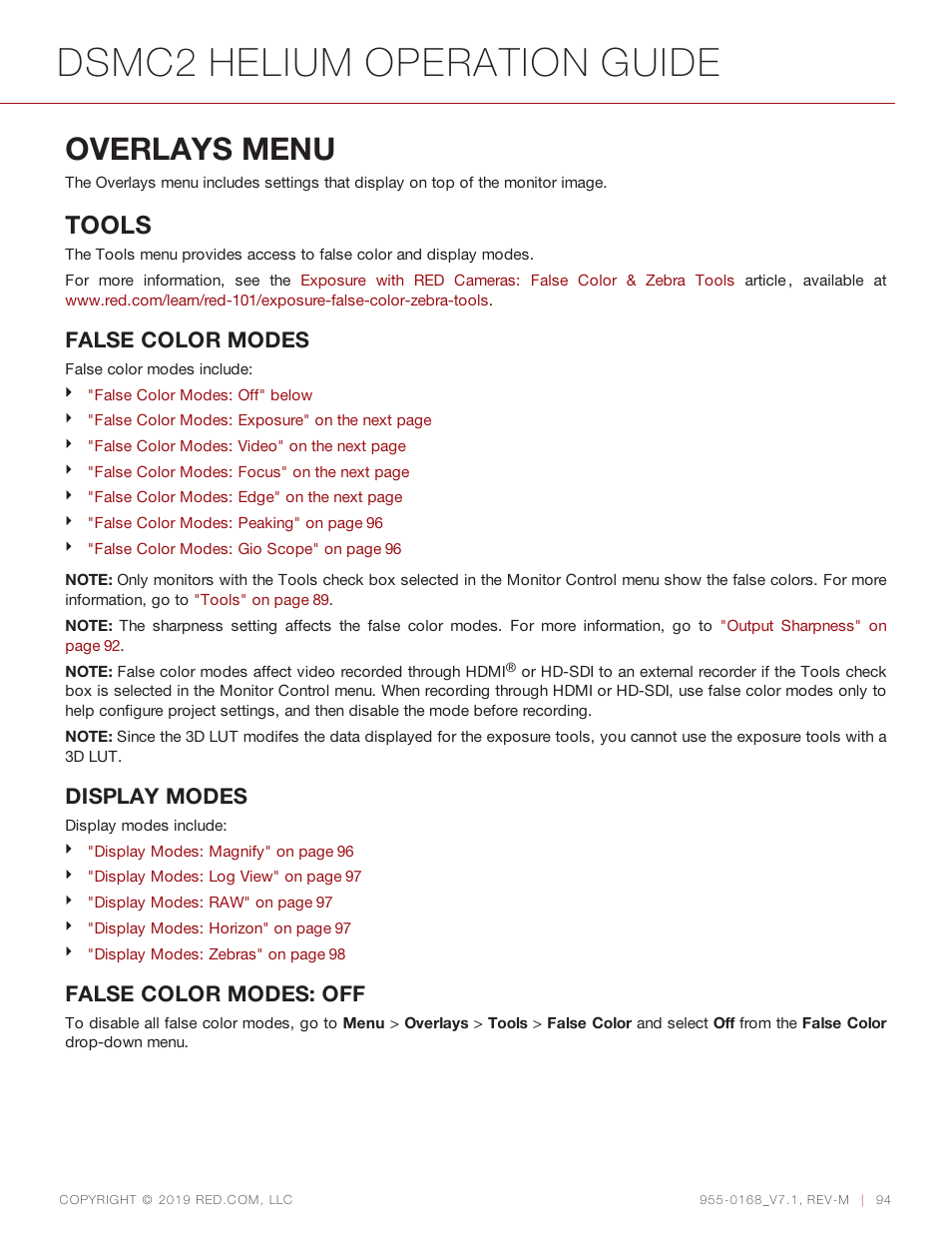 Overlays menu, Dsmc2 helium operation guide, Tools | False color modes, Display modes, False color modes: off | RED DIGITAL CINEMA DSMC2 BRAIN with HELIUM 8K S35 Sensor (2018 Unified DSMC2 Lineup) User Manual | Page 94 / 266