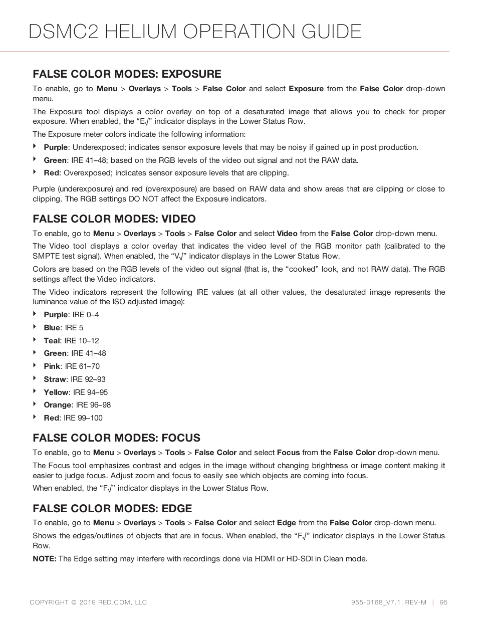 Dsmc2 helium operation guide, False color modes: exposure, False color modes: video | False color modes: focus, False color modes: edge | RED DIGITAL CINEMA DSMC2 BRAIN with HELIUM 8K S35 Sensor (2018 Unified DSMC2 Lineup) User Manual | Page 95 / 266