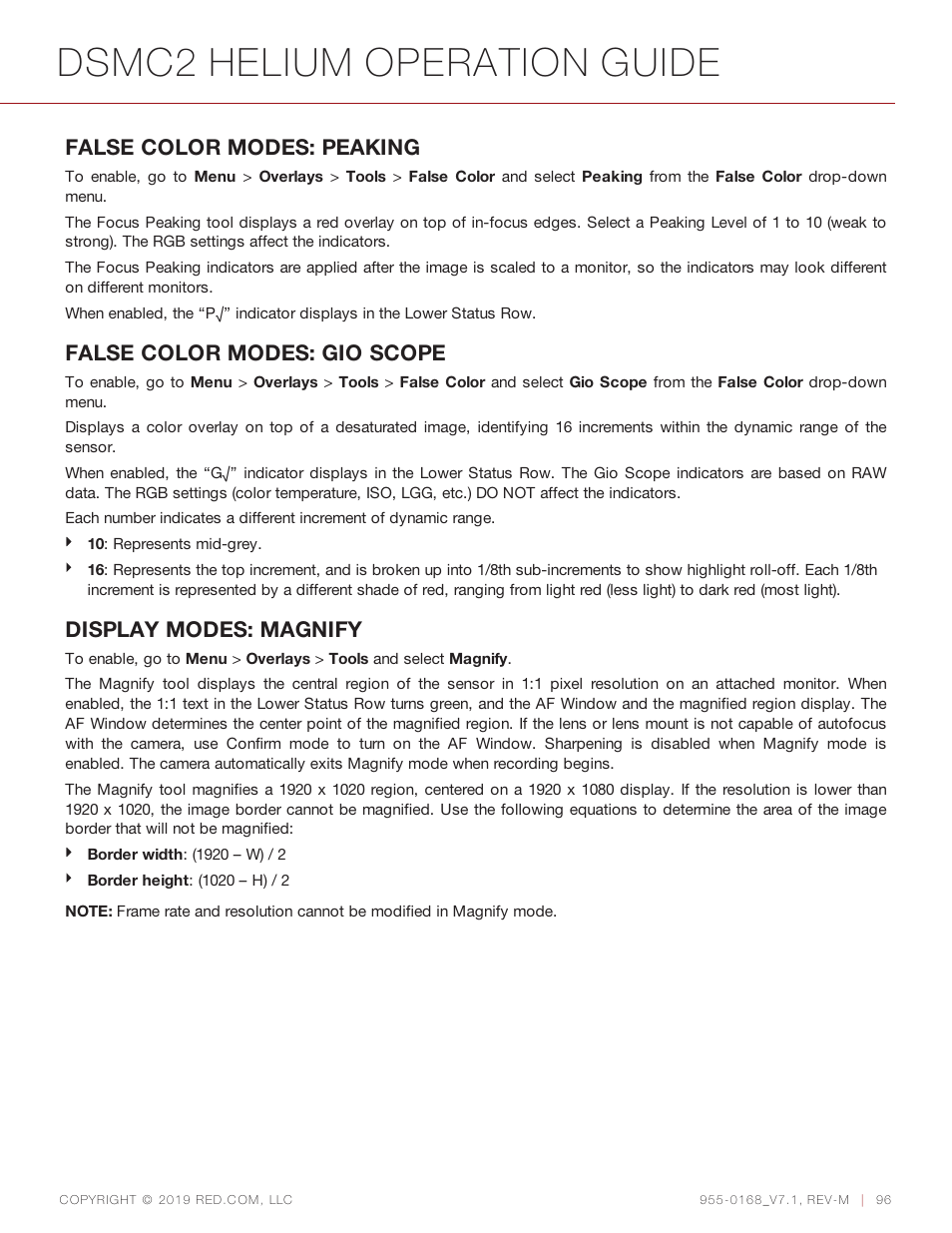 Display, Dsmc2 helium operation guide, False color modes: peaking | False color modes: gio scope, Display modes: magnify | RED DIGITAL CINEMA DSMC2 BRAIN with HELIUM 8K S35 Sensor (2018 Unified DSMC2 Lineup) User Manual | Page 96 / 266