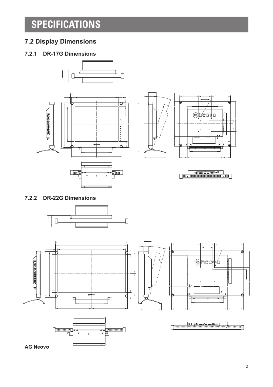 Specifications, 2 display dimensions, 1 dr-17g dimensions | 2 dr-22g dimensions | AG Neovo DR-22G 22" Full HD Dental Monitor (White) User Manual | Page 64 / 64