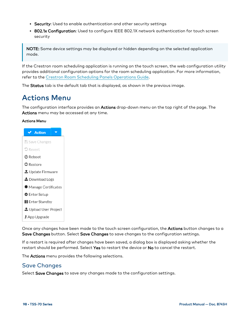 Actions menu, Save changes | Crestron electronic 7" Room Scheduling Touchscreen with Light Bar for Rooms (Black Smooth) User Manual | Page 102 / 143