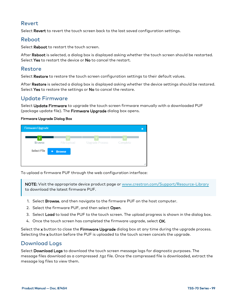 Revert, Reboot, Restore | Update firmware, Download logs | Crestron electronic 7" Room Scheduling Touchscreen with Light Bar for Rooms (Black Smooth) User Manual | Page 103 / 143