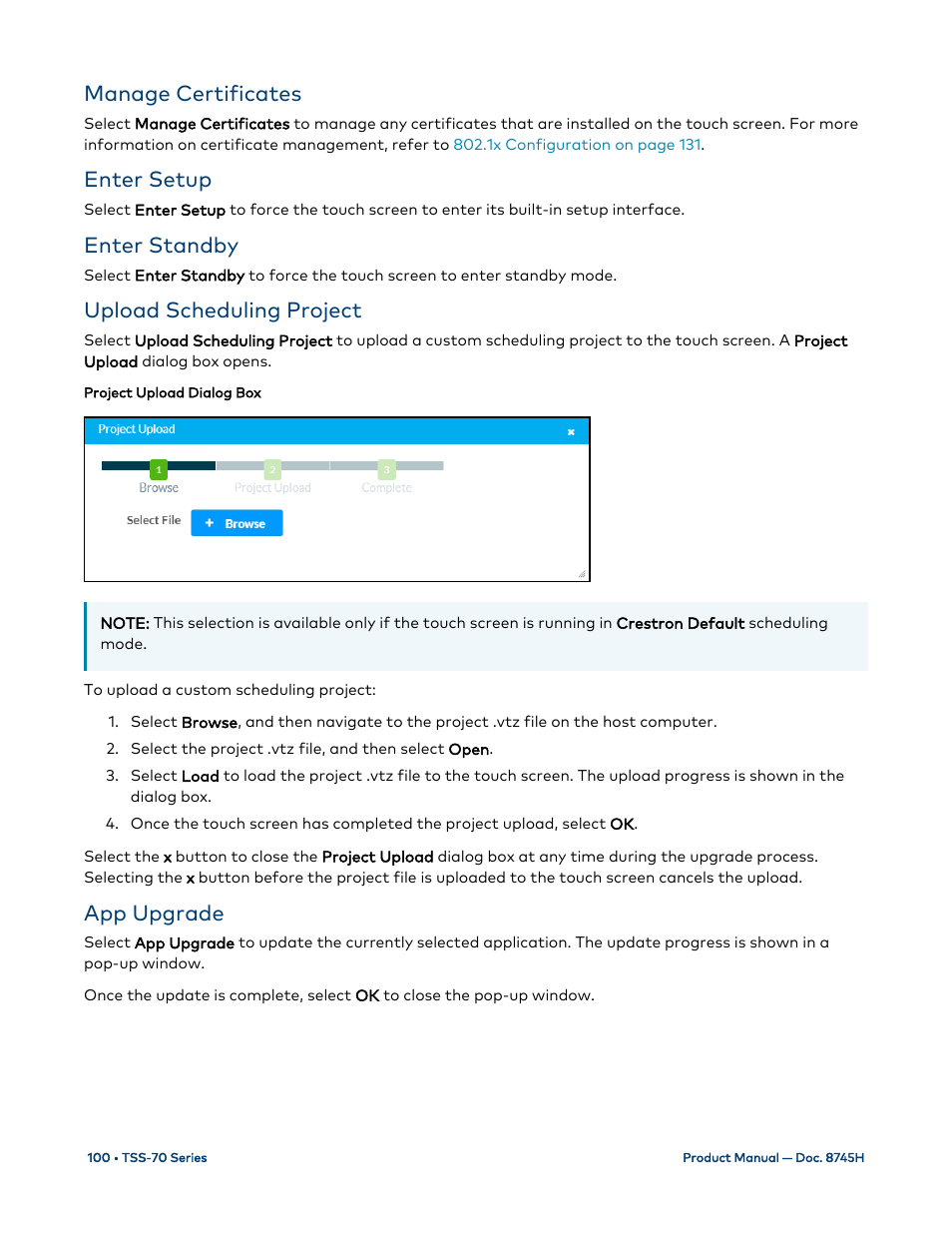 Manage certificates, Enter setup, Enter standby | Upload scheduling project, App upgrade | Crestron electronic 7" Room Scheduling Touchscreen with Light Bar for Rooms (Black Smooth) User Manual | Page 104 / 143