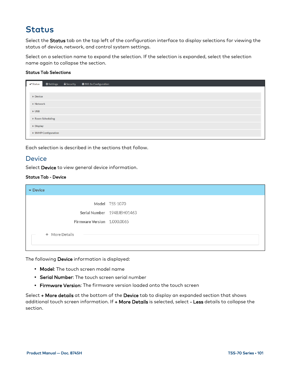 Status, Device | Crestron electronic 7" Room Scheduling Touchscreen with Light Bar for Rooms (Black Smooth) User Manual | Page 105 / 143