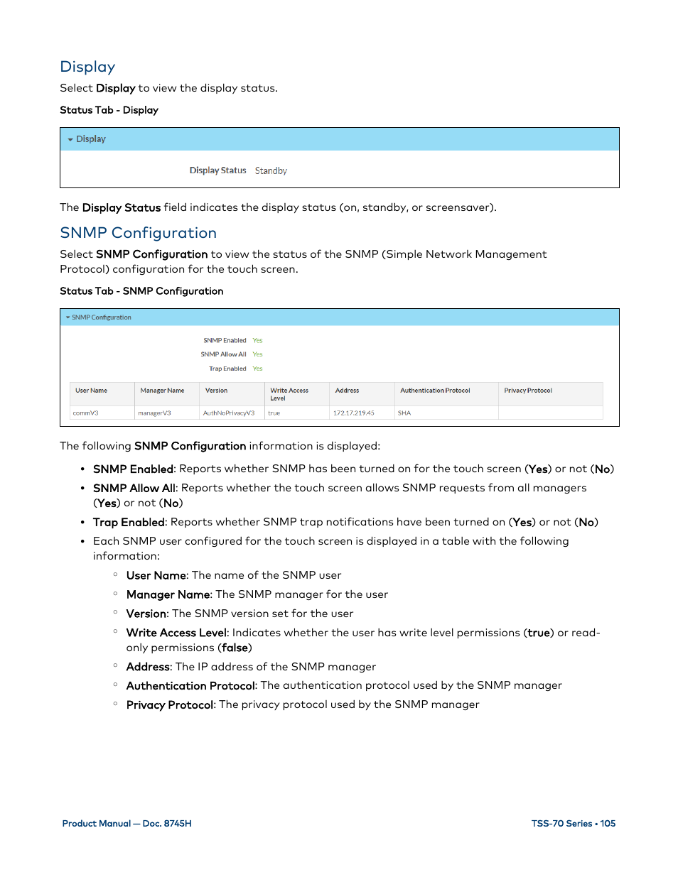 Display, Snmp configuration | Crestron electronic 7" Room Scheduling Touchscreen with Light Bar for Rooms (Black Smooth) User Manual | Page 109 / 143