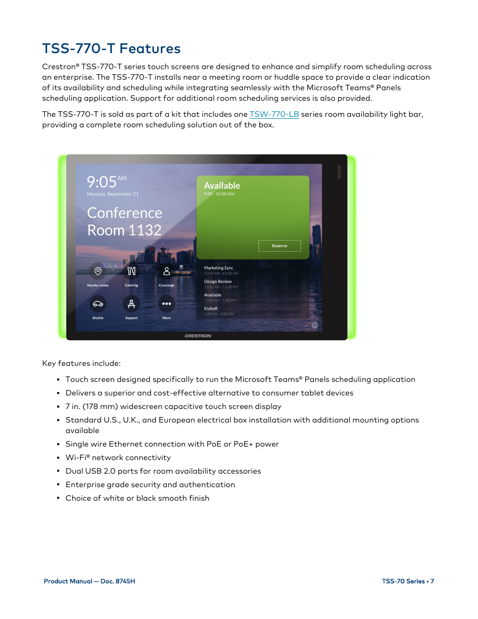 Tss-770-t features | Crestron electronic 7" Room Scheduling Touchscreen with Light Bar for Rooms (Black Smooth) User Manual | Page 11 / 143