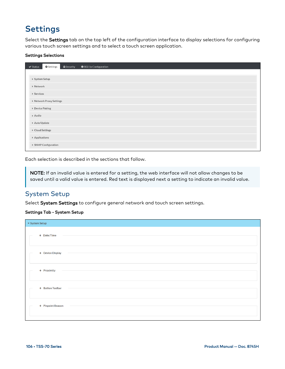 Settings, System setup | Crestron electronic 7" Room Scheduling Touchscreen with Light Bar for Rooms (Black Smooth) User Manual | Page 110 / 143