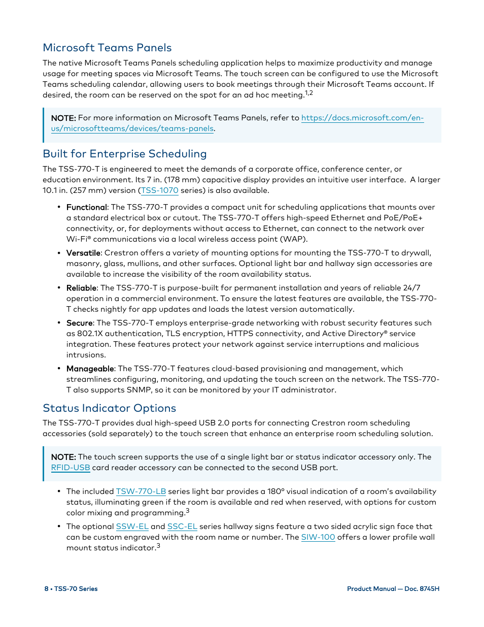 Microsoft teams panels, Built for enterprise scheduling, Status indicator options | Crestron electronic 7" Room Scheduling Touchscreen with Light Bar for Rooms (Black Smooth) User Manual | Page 12 / 143