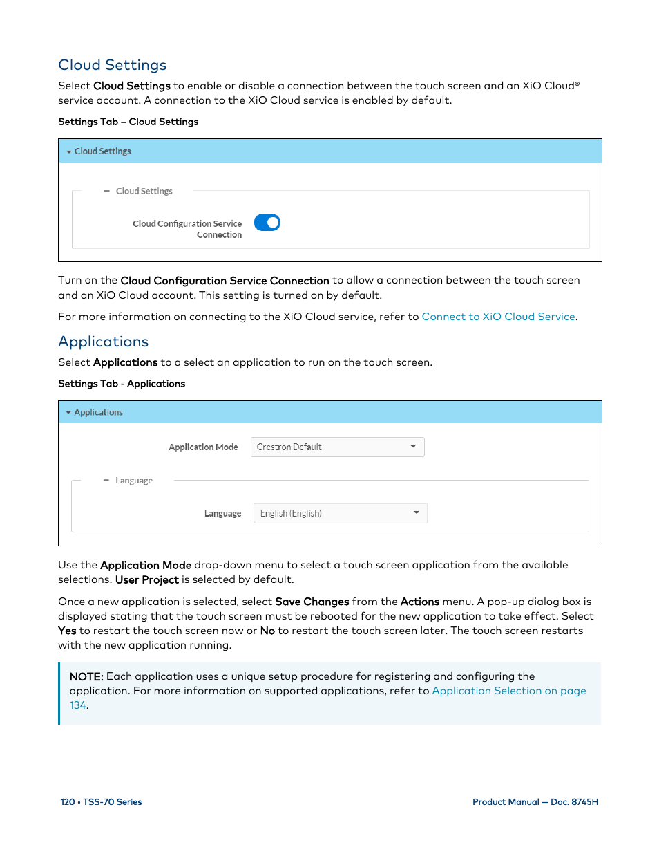 Cloud settings, Applications | Crestron electronic 7" Room Scheduling Touchscreen with Light Bar for Rooms (Black Smooth) User Manual | Page 124 / 143