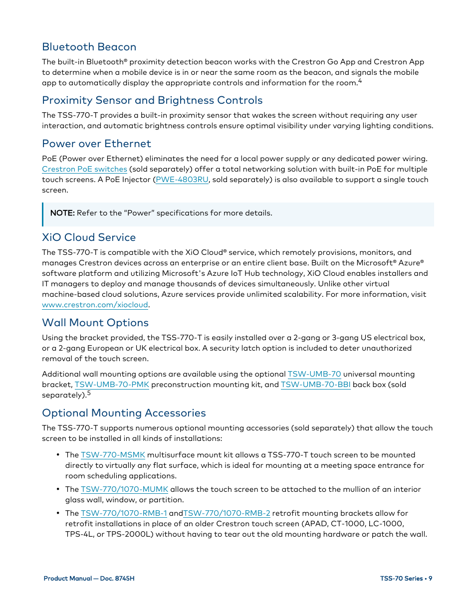 Bluetooth beacon, Proximity sensor and brightness controls, Power over ethernet | Xio cloud service, Wall mount options, Optional mounting accessories | Crestron electronic 7" Room Scheduling Touchscreen with Light Bar for Rooms (Black Smooth) User Manual | Page 13 / 143