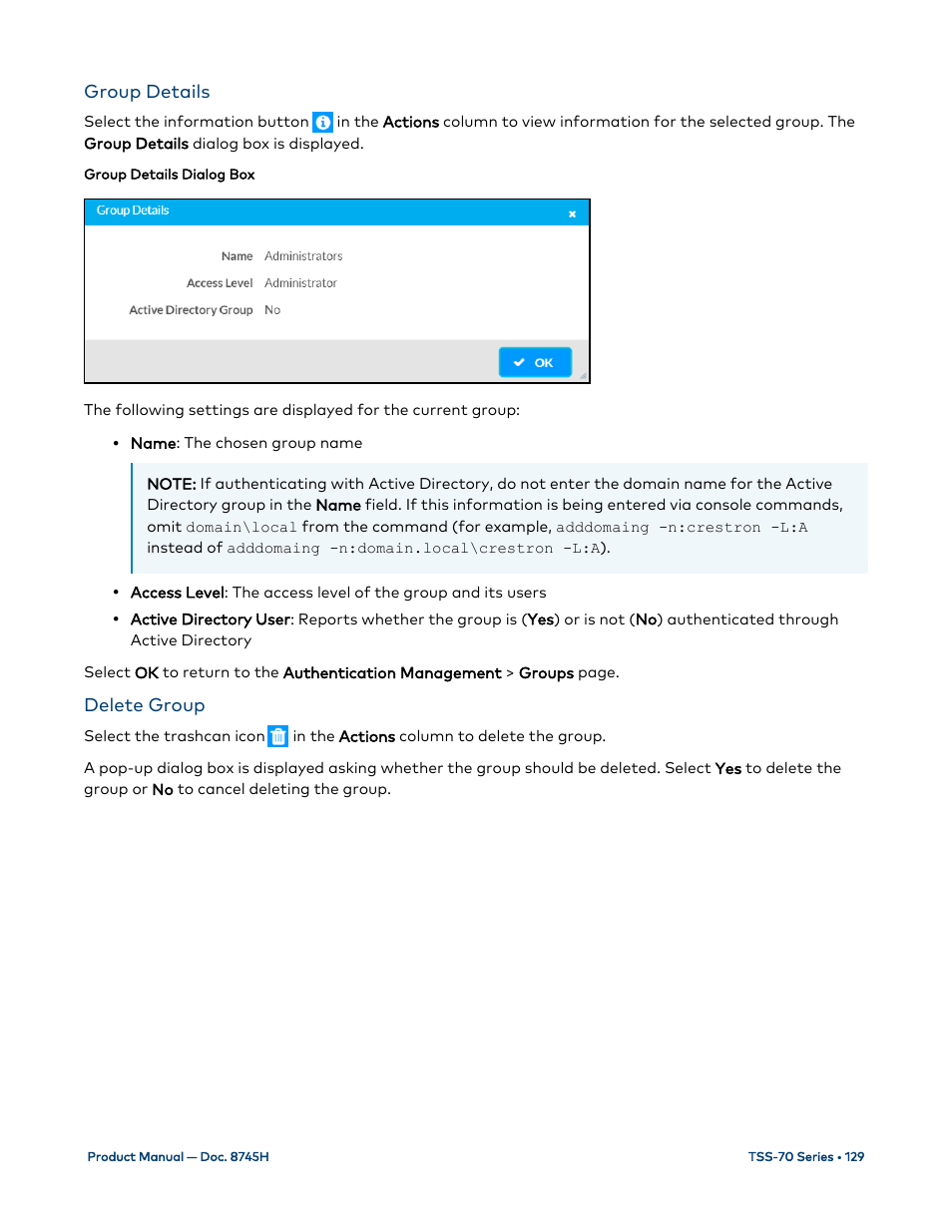 Group details, Delete group | Crestron electronic 7" Room Scheduling Touchscreen with Light Bar for Rooms (Black Smooth) User Manual | Page 133 / 143