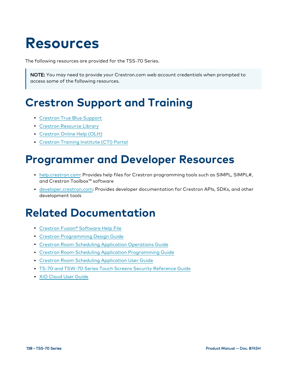 Resources, Crestron support and training, Programmer and developer resources | Related documentation | Crestron electronic 7" Room Scheduling Touchscreen with Light Bar for Rooms (Black Smooth) User Manual | Page 142 / 143
