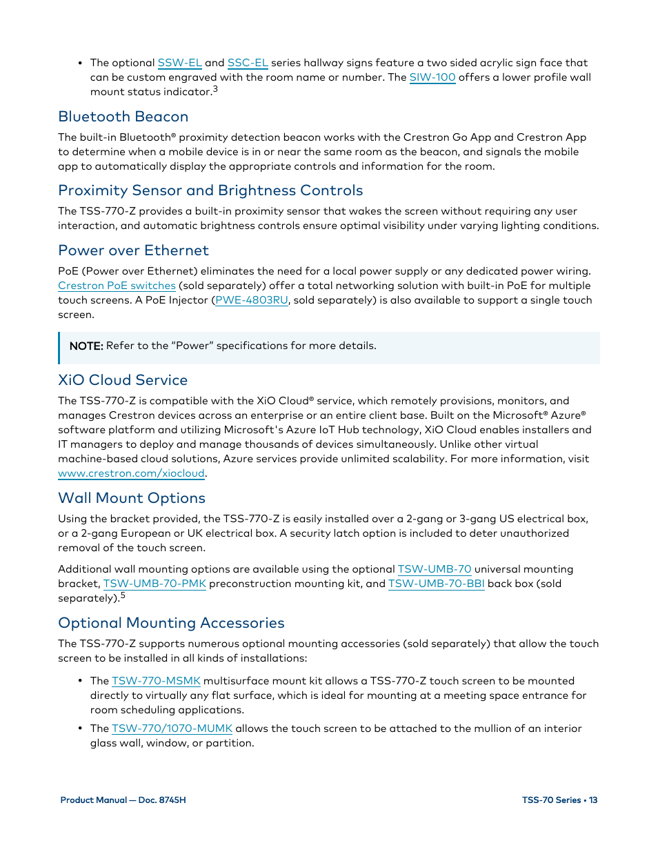 Bluetooth beacon, Proximity sensor and brightness controls, Power over ethernet | Xio cloud service, Wall mount options, Optional mounting accessories | Crestron electronic 7" Room Scheduling Touchscreen with Light Bar for Rooms (Black Smooth) User Manual | Page 17 / 143