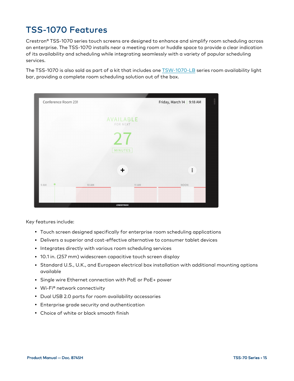 Tss-1070 features | Crestron electronic 7" Room Scheduling Touchscreen with Light Bar for Rooms (Black Smooth) User Manual | Page 19 / 143