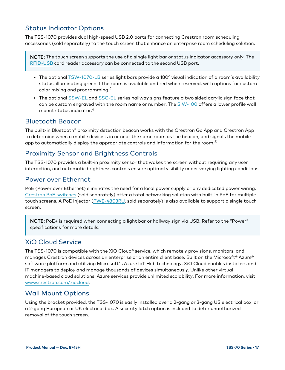 Status indicator options, Bluetooth beacon, Proximity sensor and brightness controls | Power over ethernet, Xio cloud service, Wall mount options | Crestron electronic 7" Room Scheduling Touchscreen with Light Bar for Rooms (Black Smooth) User Manual | Page 21 / 143