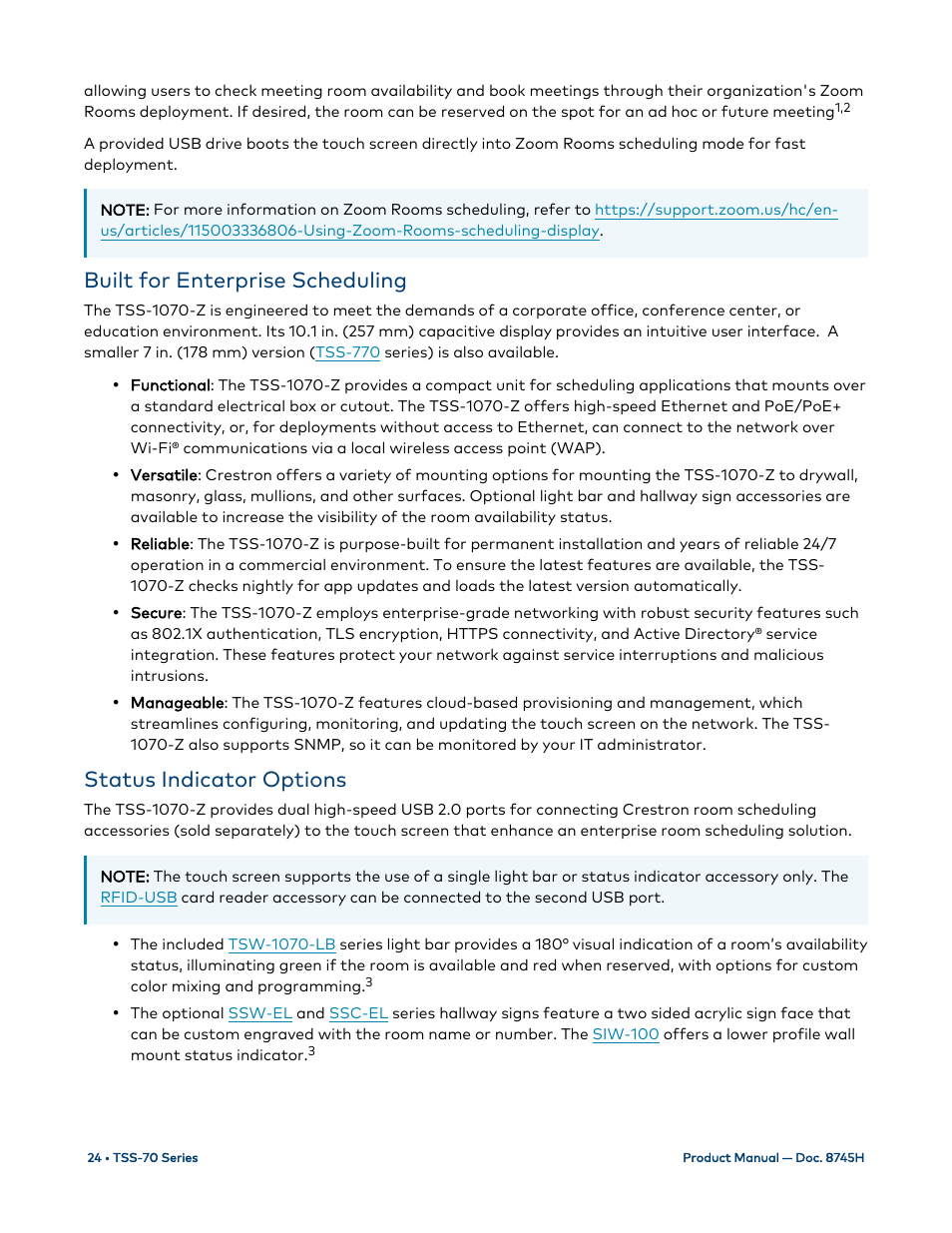 Built for enterprise scheduling, Status indicator options | Crestron electronic 7" Room Scheduling Touchscreen with Light Bar for Rooms (Black Smooth) User Manual | Page 28 / 143
