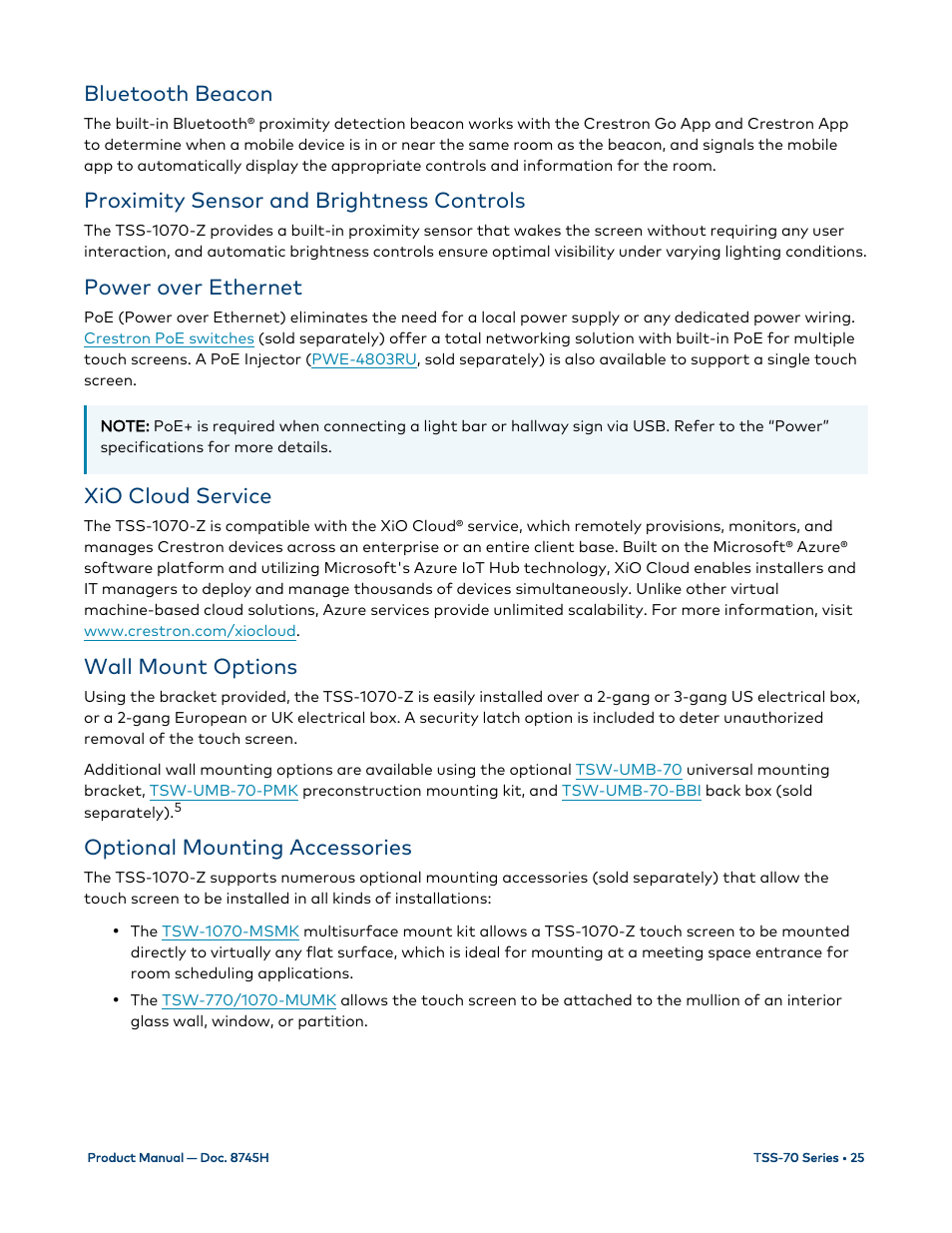 Bluetooth beacon, Proximity sensor and brightness controls, Power over ethernet | Xio cloud service, Wall mount options, Optional mounting accessories | Crestron electronic 7" Room Scheduling Touchscreen with Light Bar for Rooms (Black Smooth) User Manual | Page 29 / 143