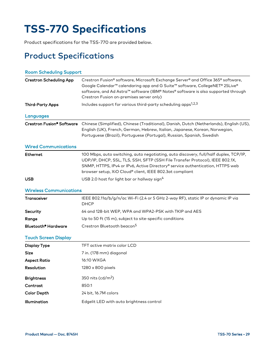 Tss-770 specifications, Product specifications | Crestron electronic 7" Room Scheduling Touchscreen with Light Bar for Rooms (Black Smooth) User Manual | Page 33 / 143