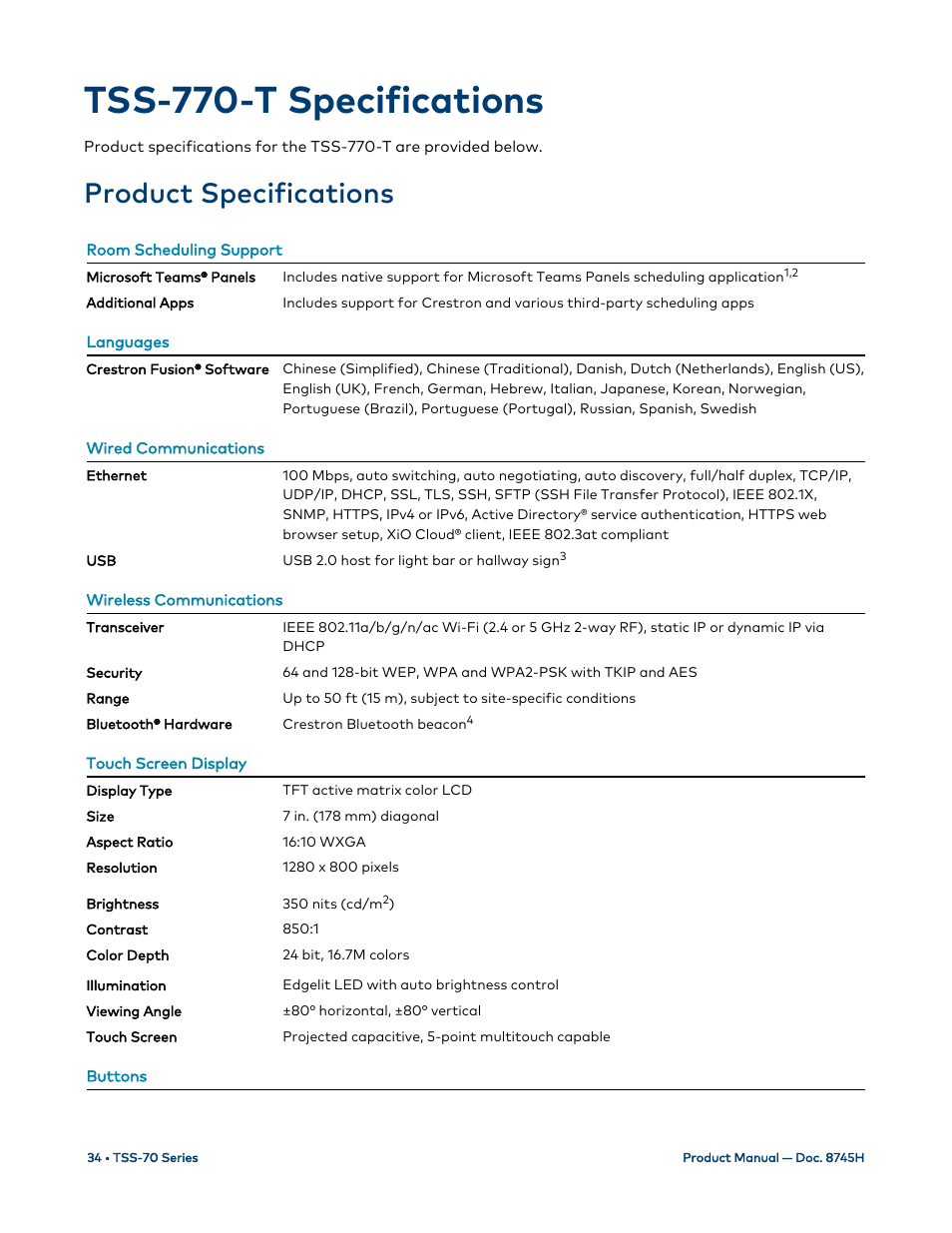 Tss-770-t specifications, Product specifications | Crestron electronic 7" Room Scheduling Touchscreen with Light Bar for Rooms (Black Smooth) User Manual | Page 38 / 143