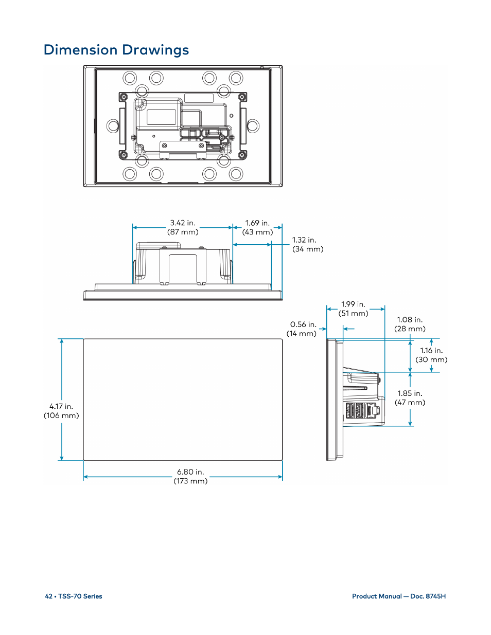 Dimension drawings | Crestron electronic 7" Room Scheduling Touchscreen with Light Bar for Rooms (Black Smooth) User Manual | Page 46 / 143