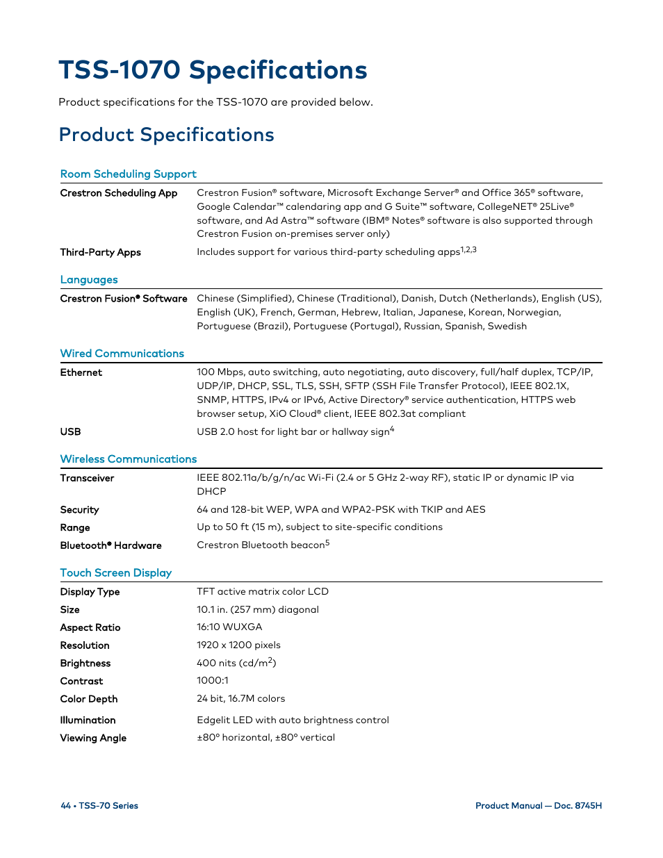 Tss-1070 specifications, Product specifications | Crestron electronic 7" Room Scheduling Touchscreen with Light Bar for Rooms (Black Smooth) User Manual | Page 48 / 143