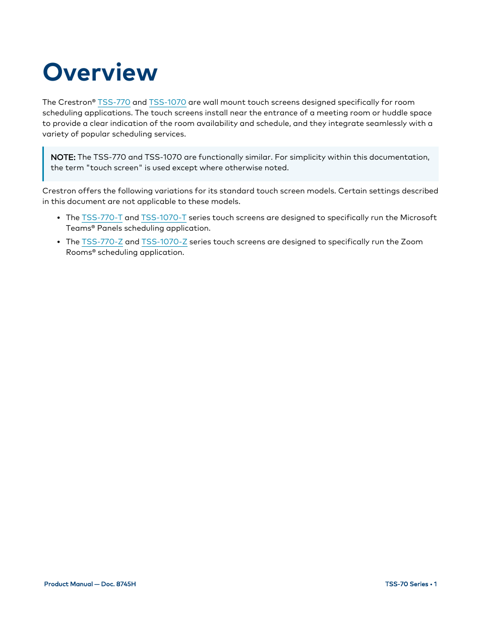 Overview | Crestron electronic 7" Room Scheduling Touchscreen with Light Bar for Rooms (Black Smooth) User Manual | Page 5 / 143