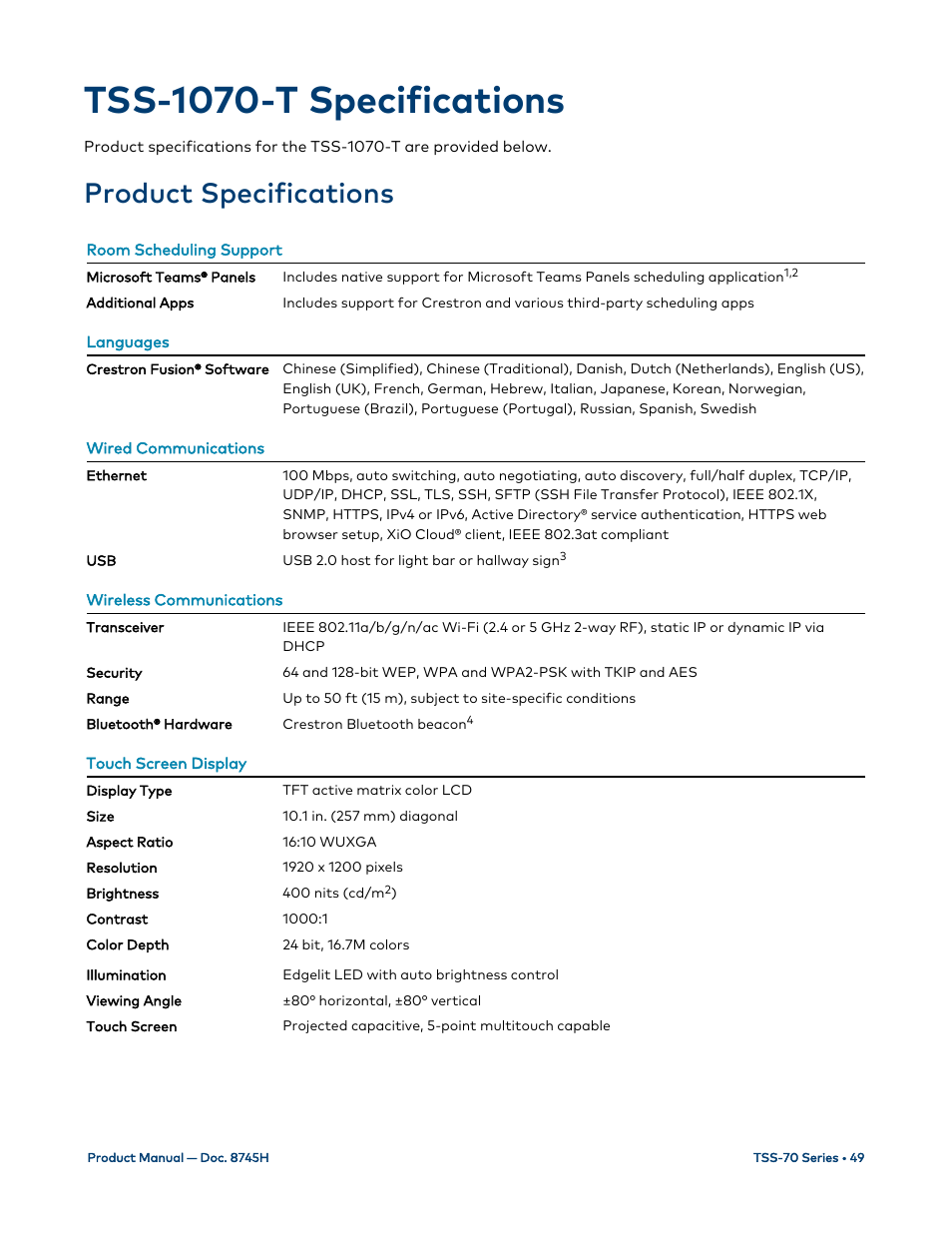 Tss-1070-t specifications, Product specifications | Crestron electronic 7" Room Scheduling Touchscreen with Light Bar for Rooms (Black Smooth) User Manual | Page 53 / 143
