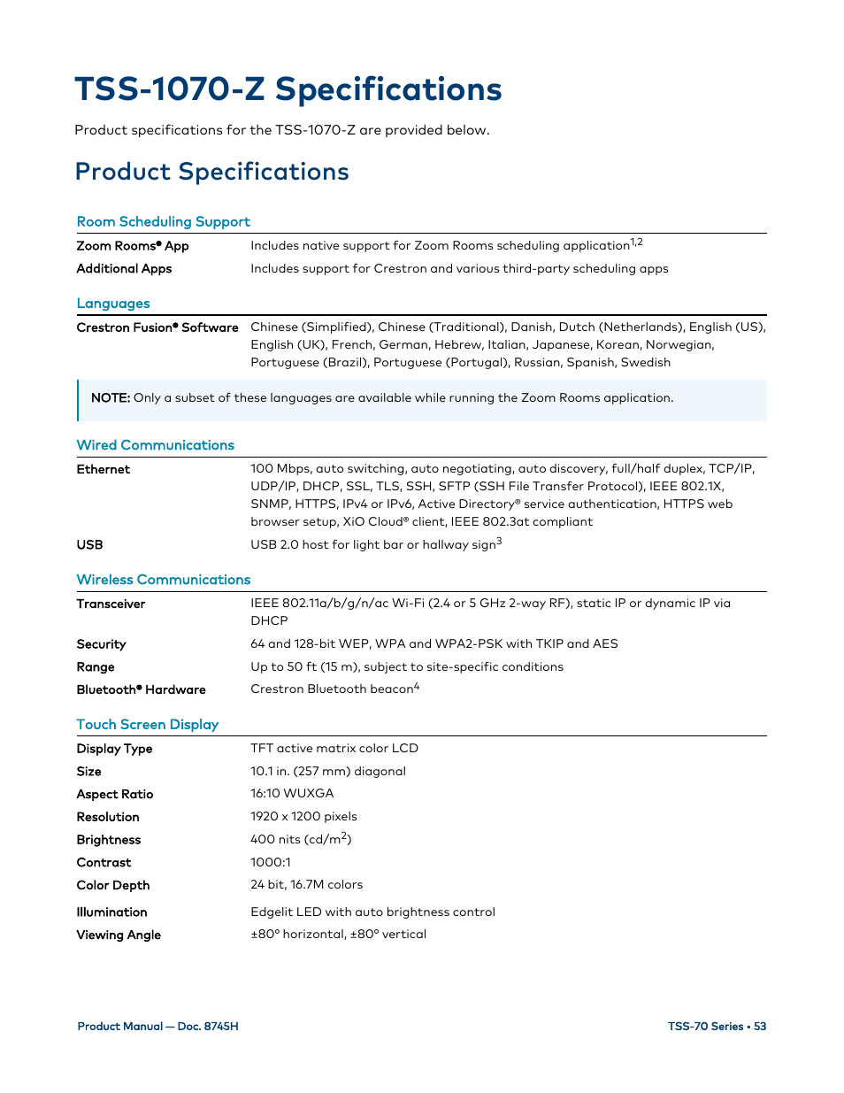 Tss-1070-z specifications, Product specifications | Crestron electronic 7" Room Scheduling Touchscreen with Light Bar for Rooms (Black Smooth) User Manual | Page 57 / 143