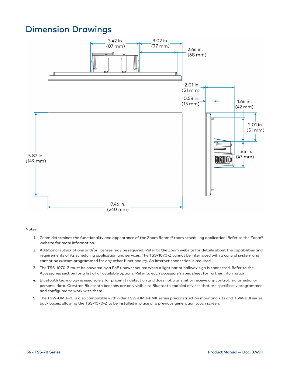 Dimension drawings | Crestron electronic 7" Room Scheduling Touchscreen with Light Bar for Rooms (Black Smooth) User Manual | Page 60 / 143