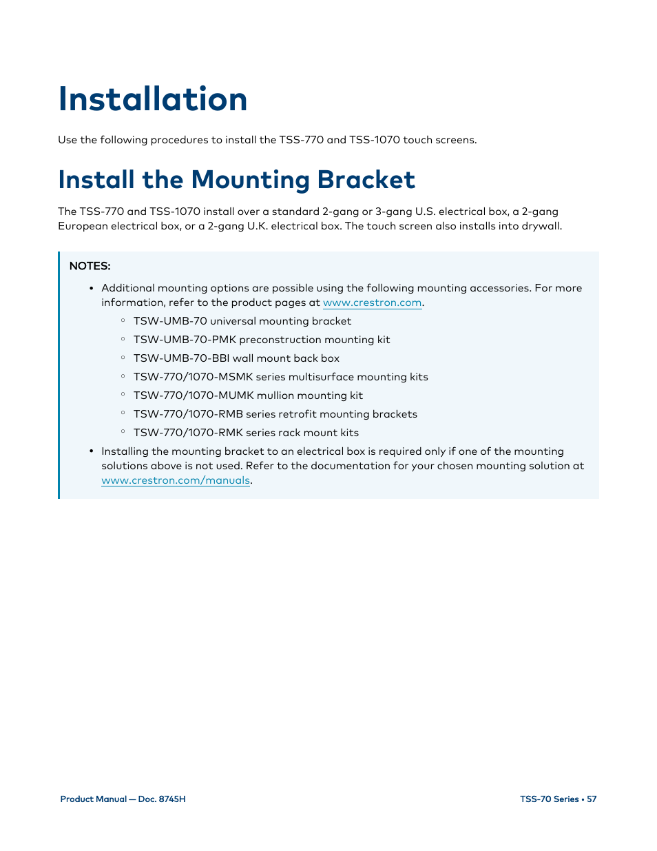 Installation, Install the mounting bracket | Crestron electronic 7" Room Scheduling Touchscreen with Light Bar for Rooms (Black Smooth) User Manual | Page 61 / 143
