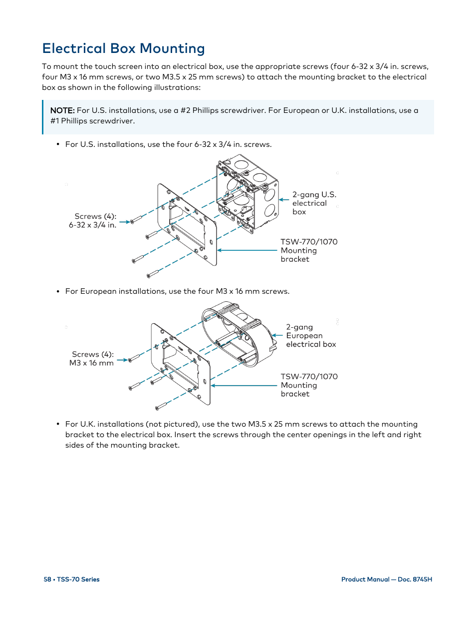 Electrical box mounting | Crestron electronic 7" Room Scheduling Touchscreen with Light Bar for Rooms (Black Smooth) User Manual | Page 62 / 143