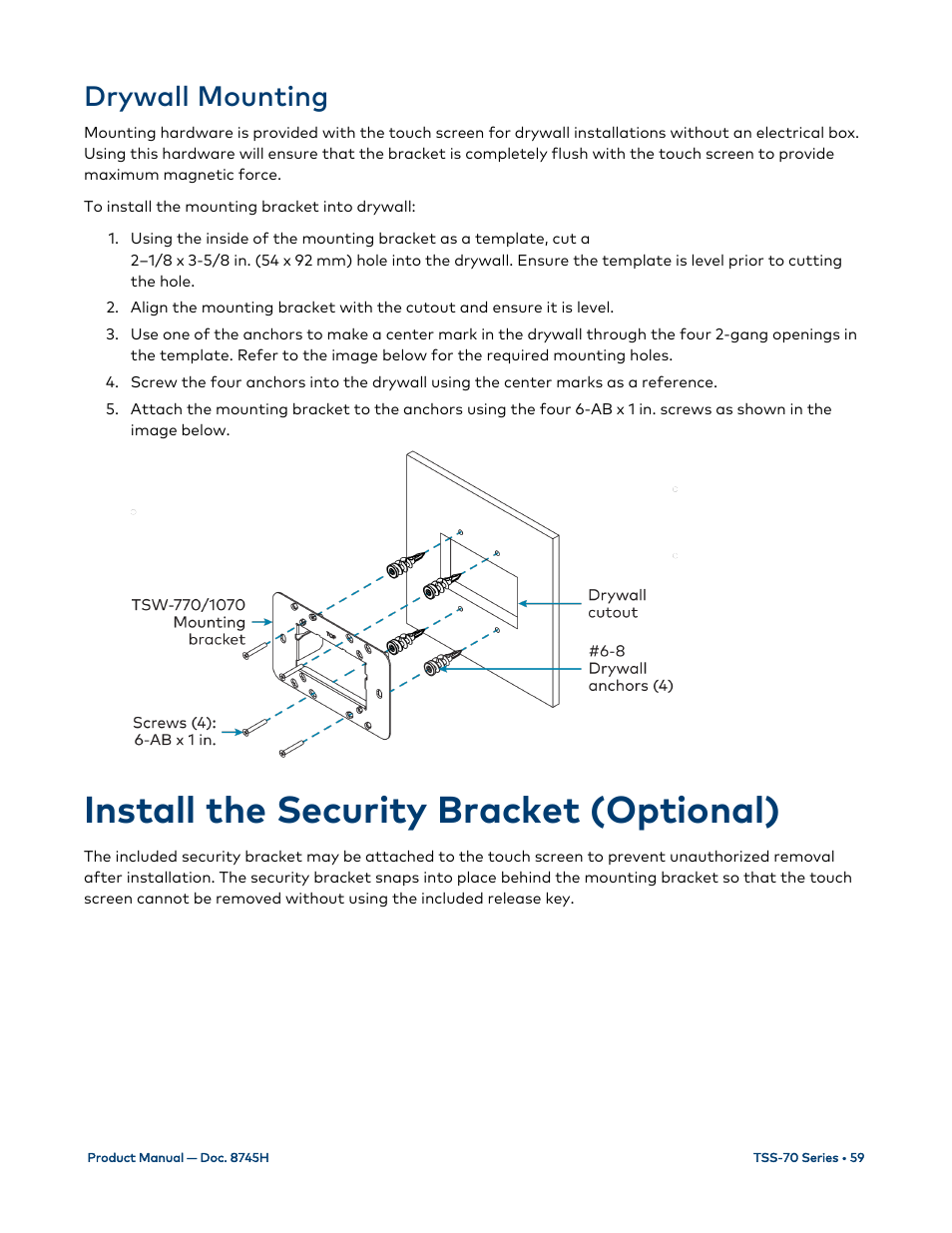 Drywall mounting, Install the security bracket (optional) | Crestron electronic 7" Room Scheduling Touchscreen with Light Bar for Rooms (Black Smooth) User Manual | Page 63 / 143