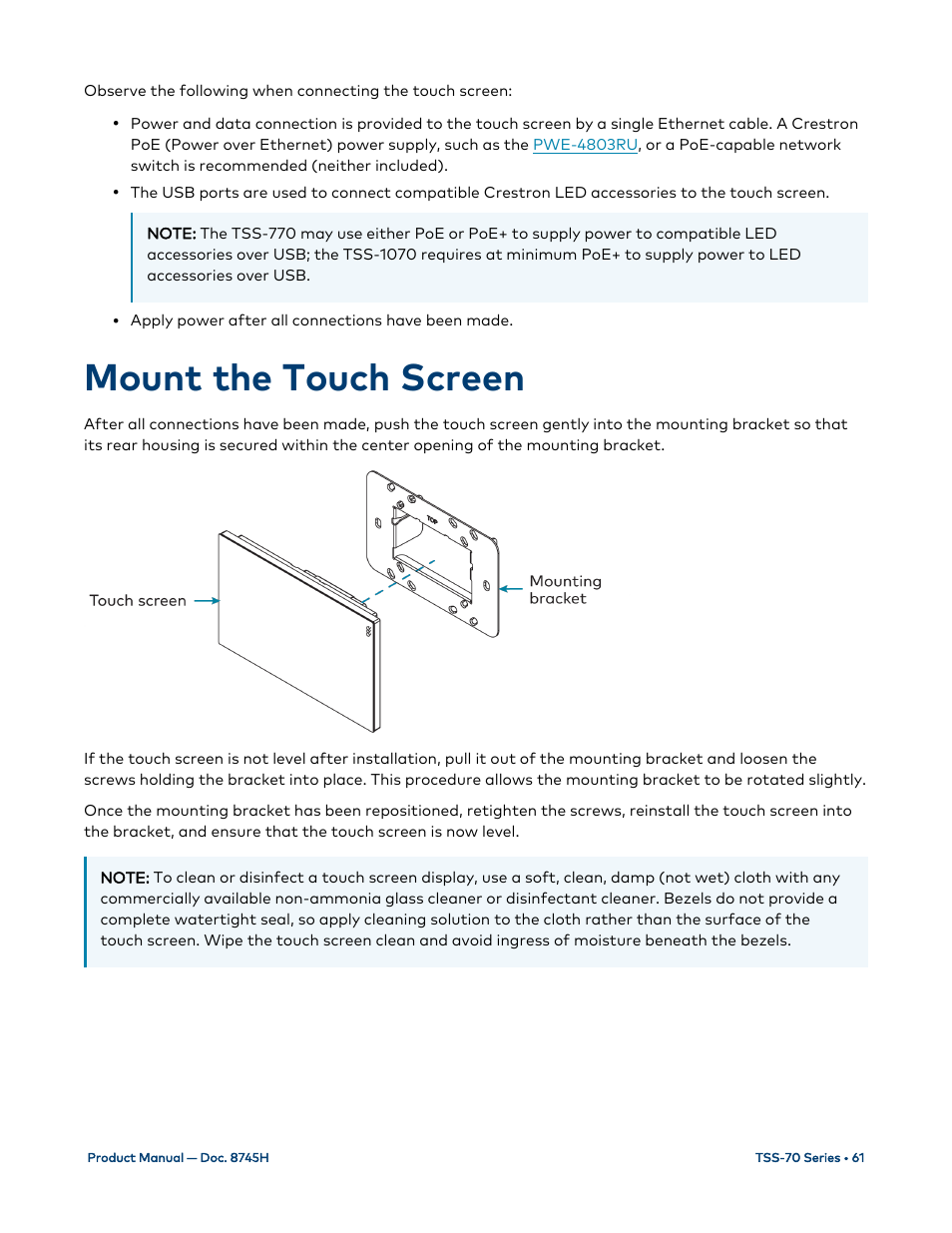 Mount the touch screen | Crestron electronic 7" Room Scheduling Touchscreen with Light Bar for Rooms (Black Smooth) User Manual | Page 65 / 143