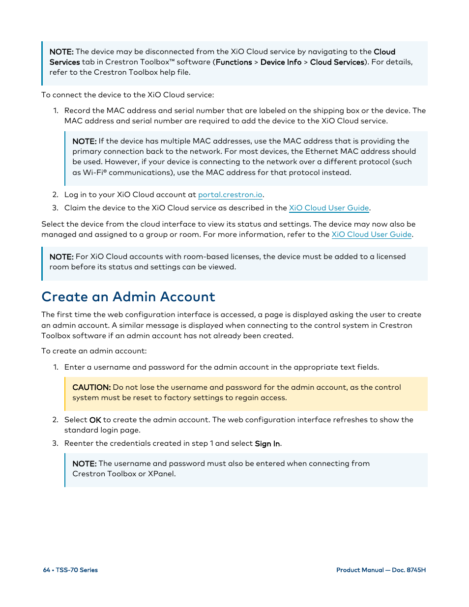 Create an admin account | Crestron electronic 7" Room Scheduling Touchscreen with Light Bar for Rooms (Black Smooth) User Manual | Page 68 / 143