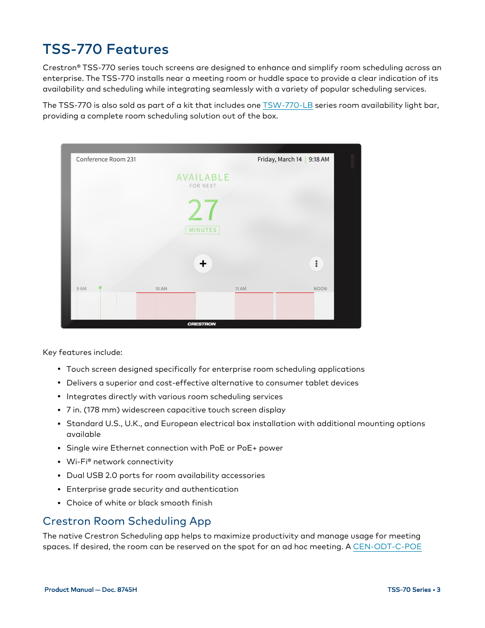 Tss-770 features, Crestron room scheduling app | Crestron electronic 7" Room Scheduling Touchscreen with Light Bar for Rooms (Black Smooth) User Manual | Page 7 / 143