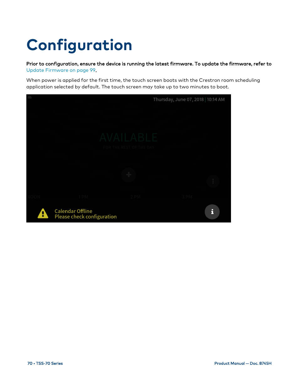 Configuration, Configuration on | Crestron electronic 7" Room Scheduling Touchscreen with Light Bar for Rooms (Black Smooth) User Manual | Page 74 / 143