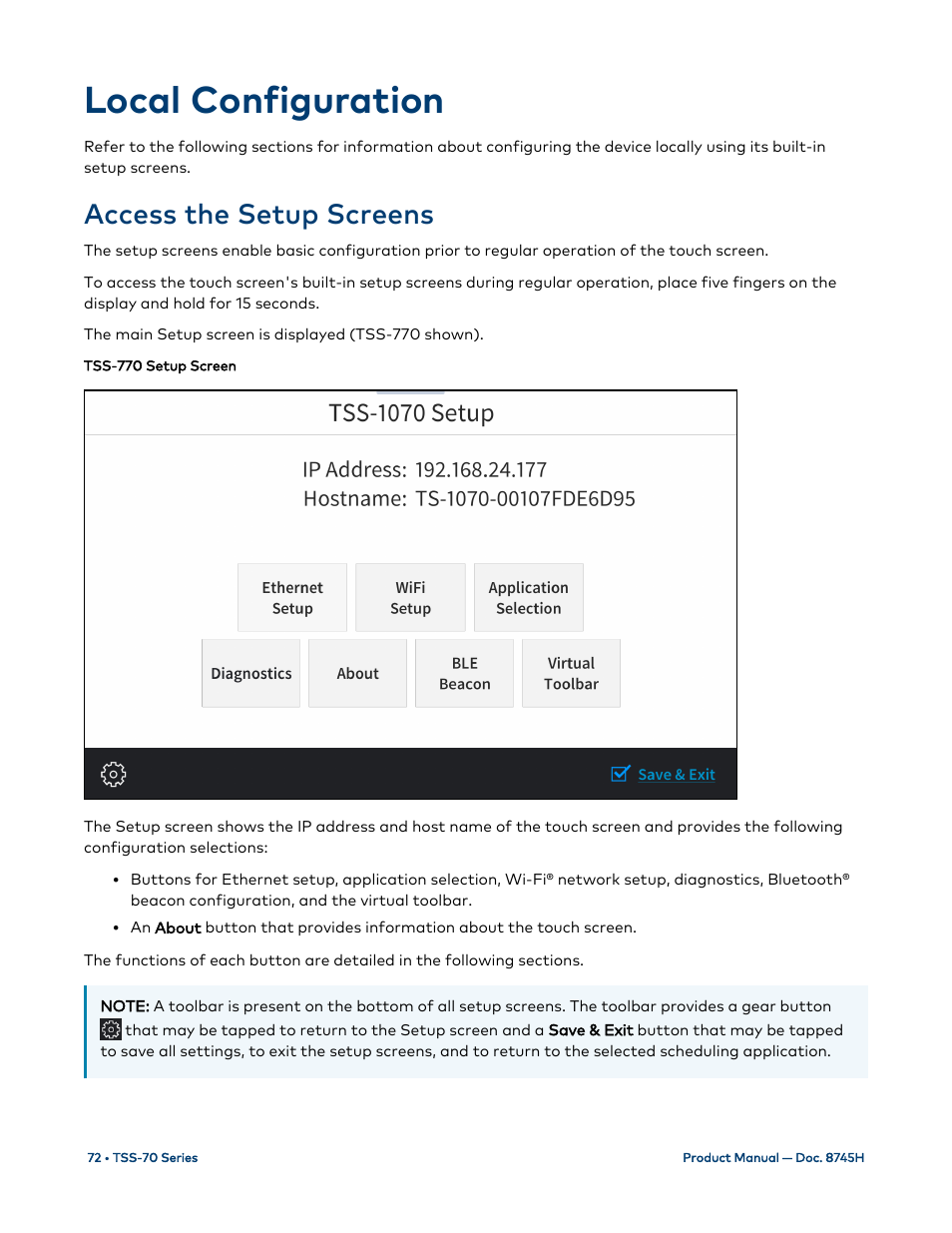 Local configuration, Access the setup screens | Crestron electronic 7" Room Scheduling Touchscreen with Light Bar for Rooms (Black Smooth) User Manual | Page 76 / 143