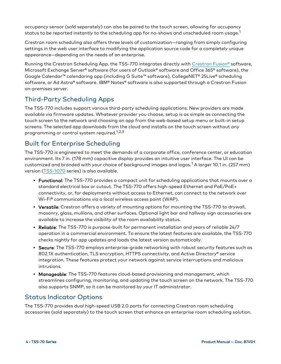Third-party scheduling apps, Built for enterprise scheduling, Status indicator options | Crestron electronic 7" Room Scheduling Touchscreen with Light Bar for Rooms (Black Smooth) User Manual | Page 8 / 143