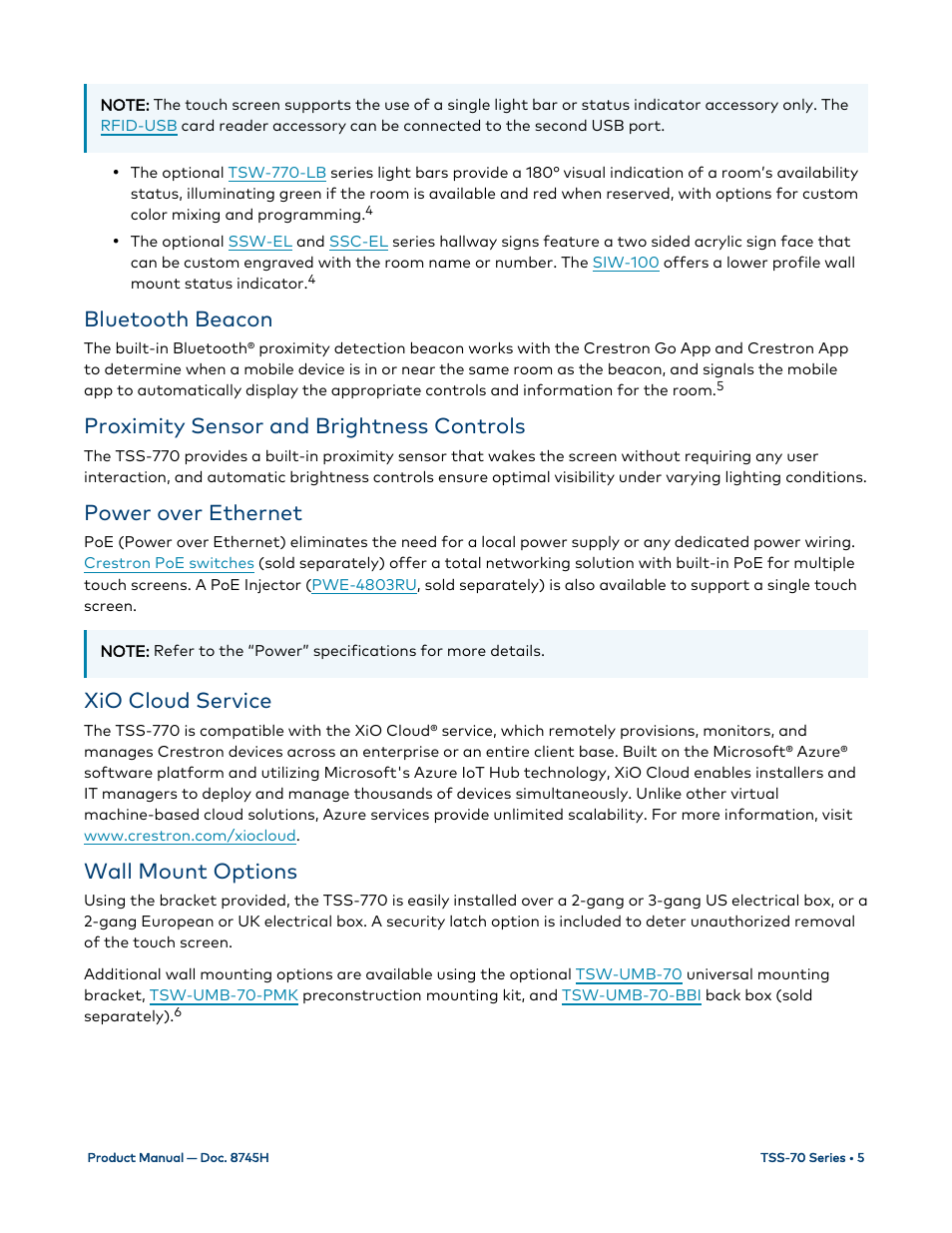 Bluetooth beacon, Proximity sensor and brightness controls, Power over ethernet | Xio cloud service, Wall mount options | Crestron electronic 7" Room Scheduling Touchscreen with Light Bar for Rooms (Black Smooth) User Manual | Page 9 / 143
