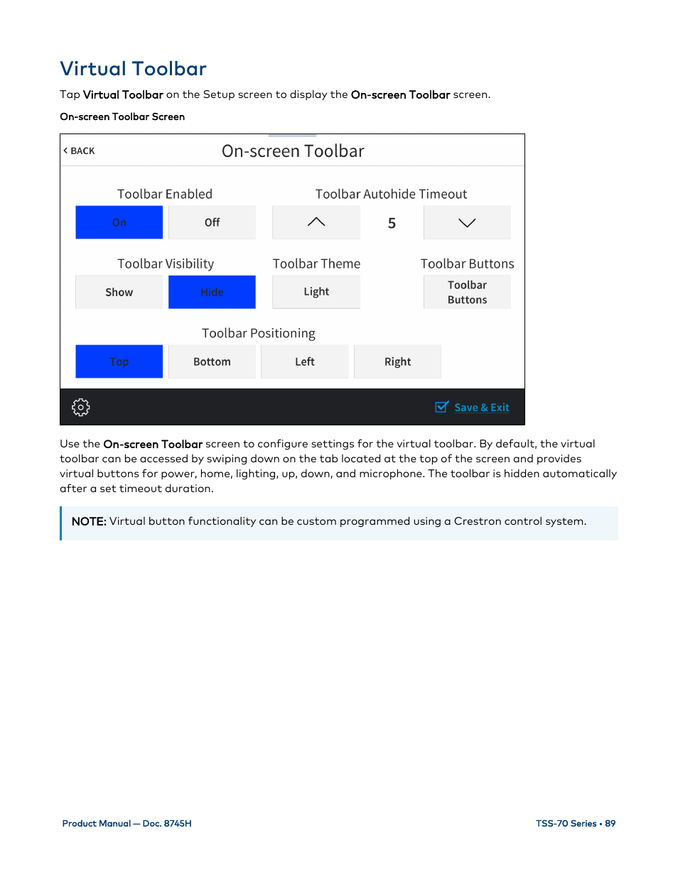 Virtual toolbar | Crestron electronic 7" Room Scheduling Touchscreen with Light Bar for Rooms (Black Smooth) User Manual | Page 93 / 143