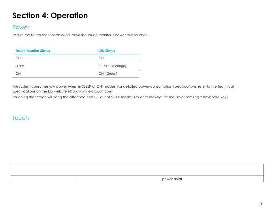 Section 4: operation, Power, Touch | Elo TouchSystems 2403LM 24" Full HD Medical Touchscreen Monitor with TouchPro (Black, Includes Stand) User Manual | Page 14 / 36