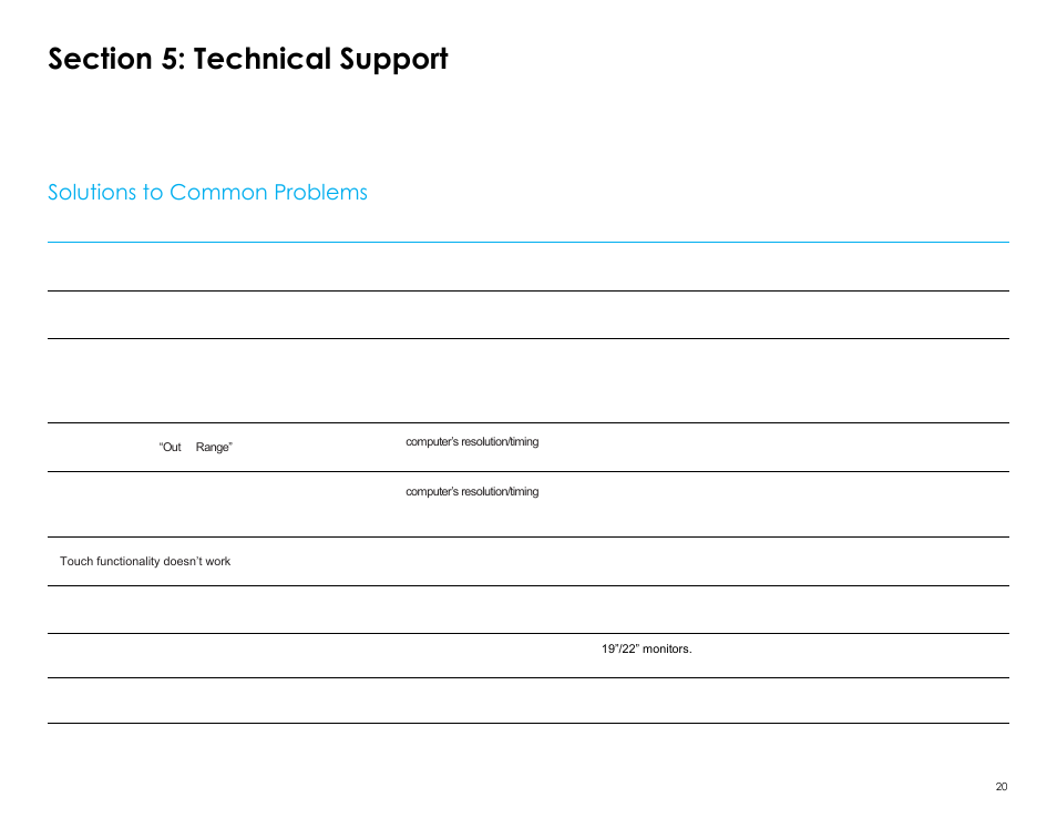 Section 5: technical support, Solutions to common problems | Elo TouchSystems 2403LM 24" Full HD Medical Touchscreen Monitor with TouchPro (Black, Includes Stand) User Manual | Page 20 / 36