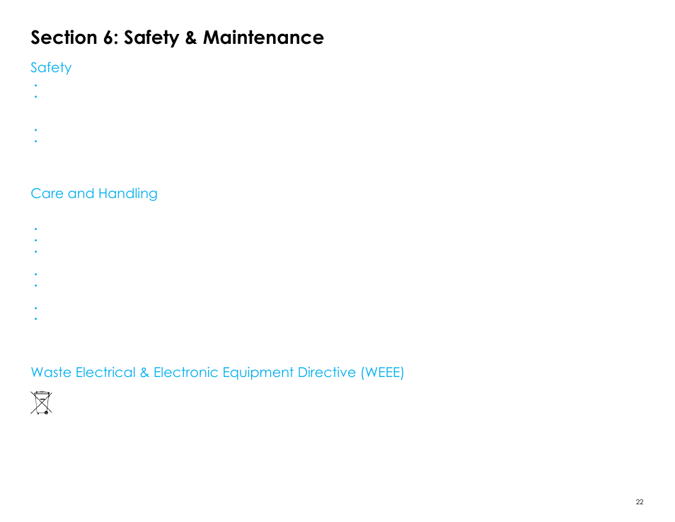 Section 6: safety & maintenance, Safety, Care and handling | Elo TouchSystems 2403LM 24" Full HD Medical Touchscreen Monitor with TouchPro (Black, Includes Stand) User Manual | Page 22 / 36