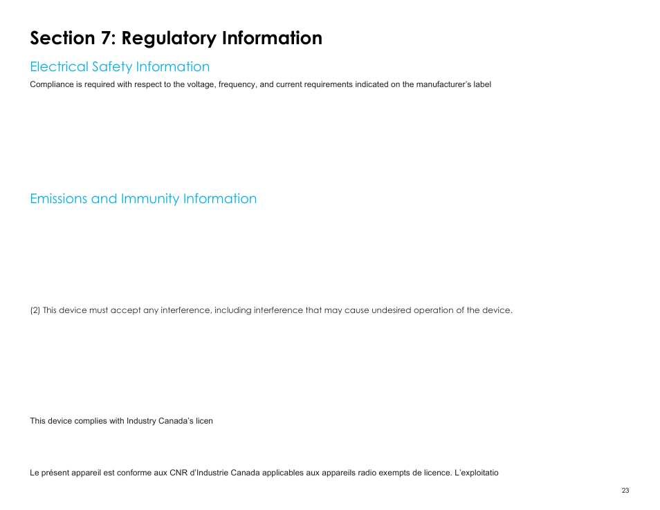 Section 7: regulatory information, Electrical safety information, Emissions and immunity information | Elo TouchSystems 2403LM 24" Full HD Medical Touchscreen Monitor with TouchPro (Black, Includes Stand) User Manual | Page 23 / 36