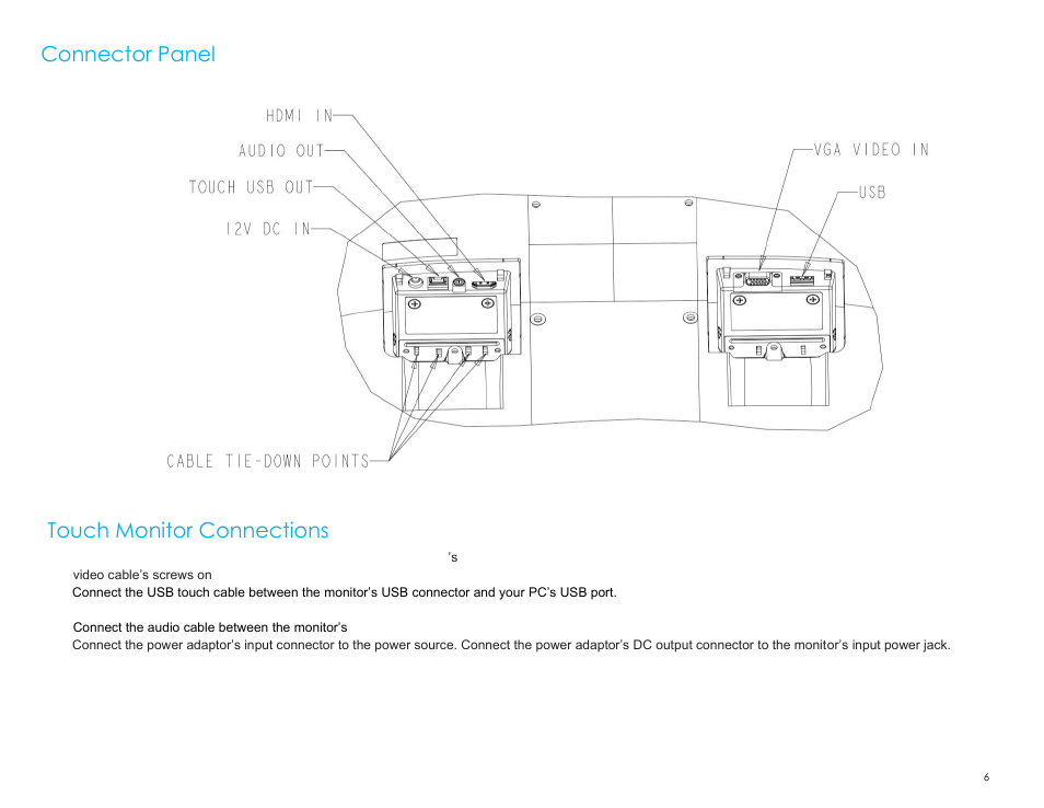 Connector panel, Touch monitor connections | Elo TouchSystems 2403LM 24" Full HD Medical Touchscreen Monitor with TouchPro (Black, Includes Stand) User Manual | Page 6 / 36