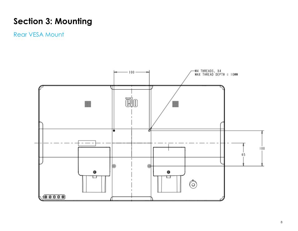 Section 3: mounting, Rear vesa mount | Elo TouchSystems 2403LM 24" Full HD Medical Touchscreen Monitor with TouchPro (Black, Includes Stand) User Manual | Page 8 / 36