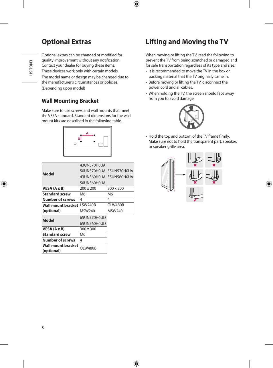 Optional extras, Wall mounting bracket, Lifting and moving the tv | 8 wall mounting bracket | LG UN570H Series 55" UHD 4K HDR Commercial Hospitality TV User Manual | Page 20 / 56