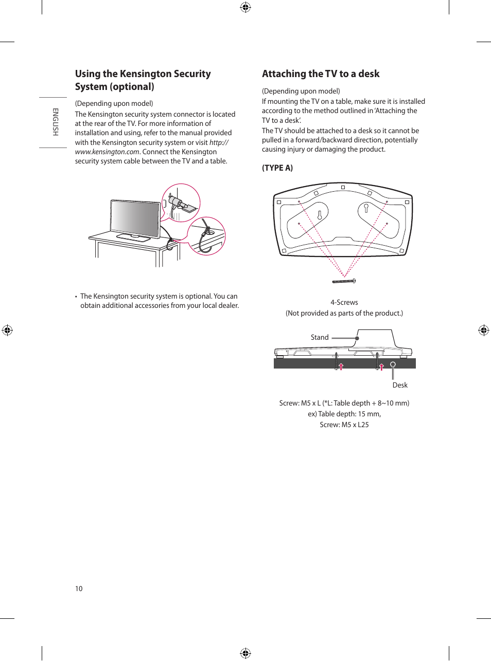 Using the kensington security system (optional), Attaching the tv to a desk | LG UN570H Series 55" UHD 4K HDR Commercial Hospitality TV User Manual | Page 22 / 56